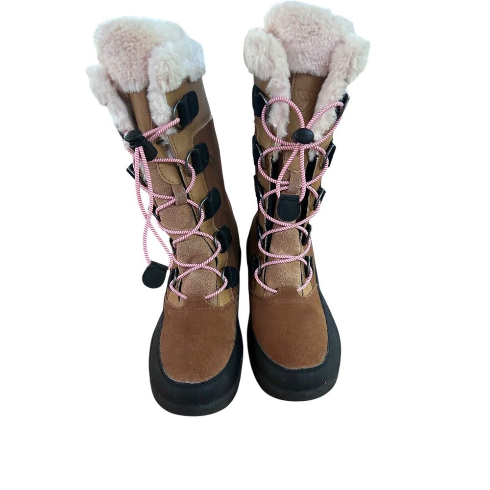 Cat & Jack Girls Brown Winter Snow Boots Faux Fur Lined Size 2 Toggle Lace Up